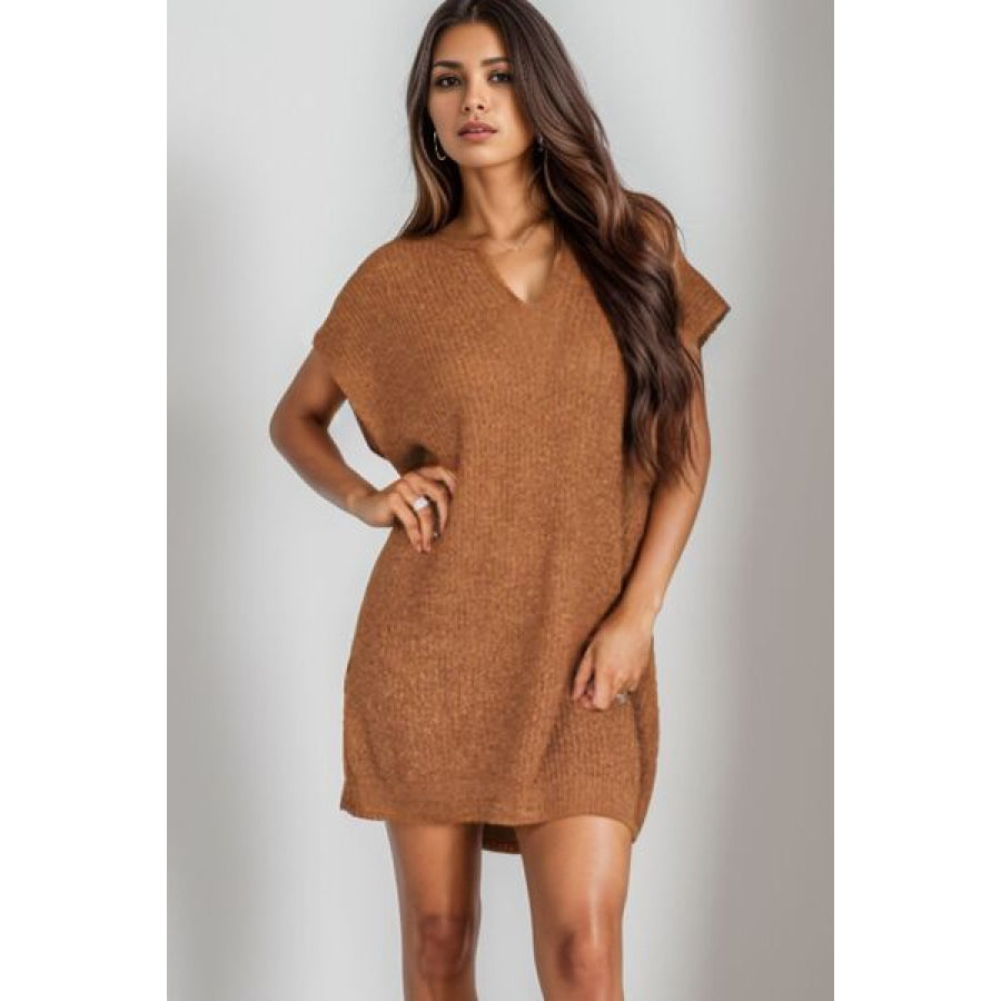 Notched Cap Sleeve Mini Sweater Dress Caramel / S Apparel and Accessories