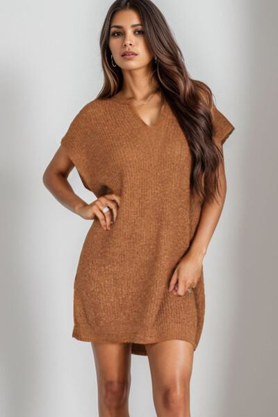 Notched Cap Sleeve Mini Sweater Dress Caramel / S Apparel and Accessories