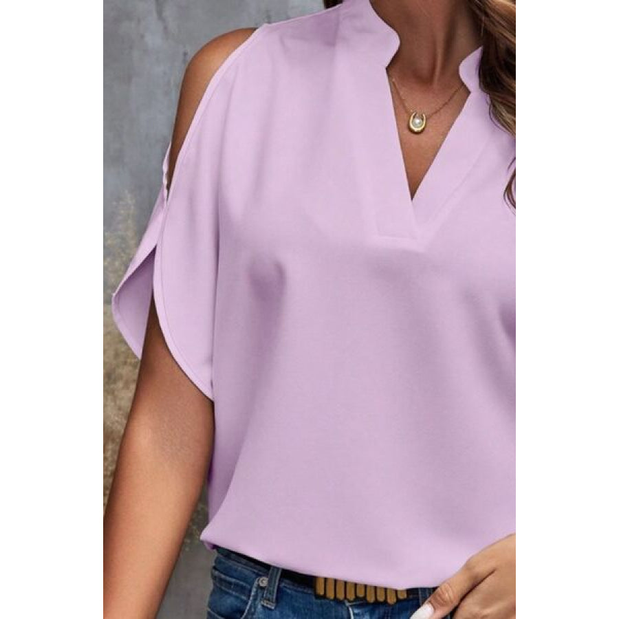 Notched Cold Shoulder Blouse Apparel and Accessories