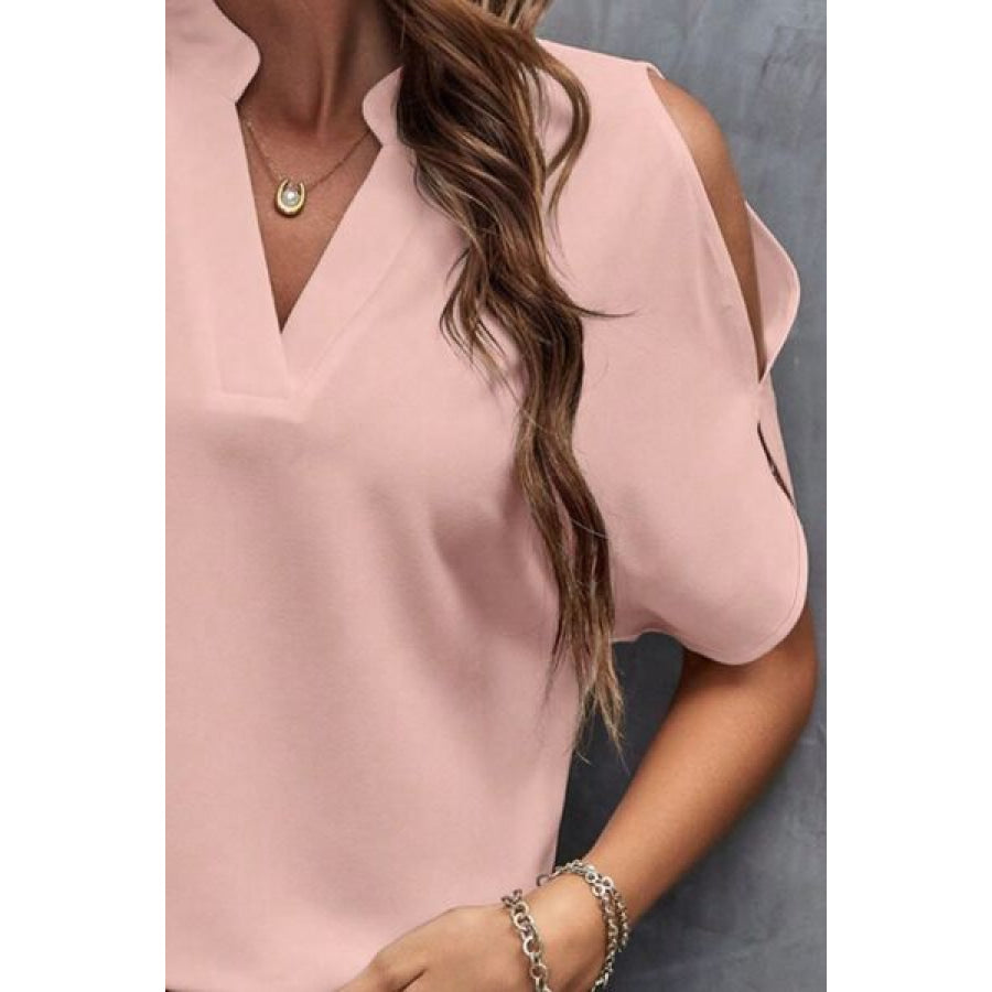 Notched Cold Shoulder Blouse Apparel and Accessories