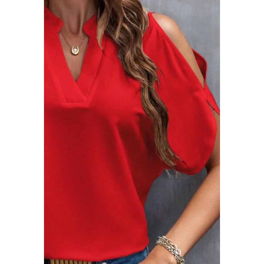 Notched Cold Shoulder Blouse Apparel and Accessories