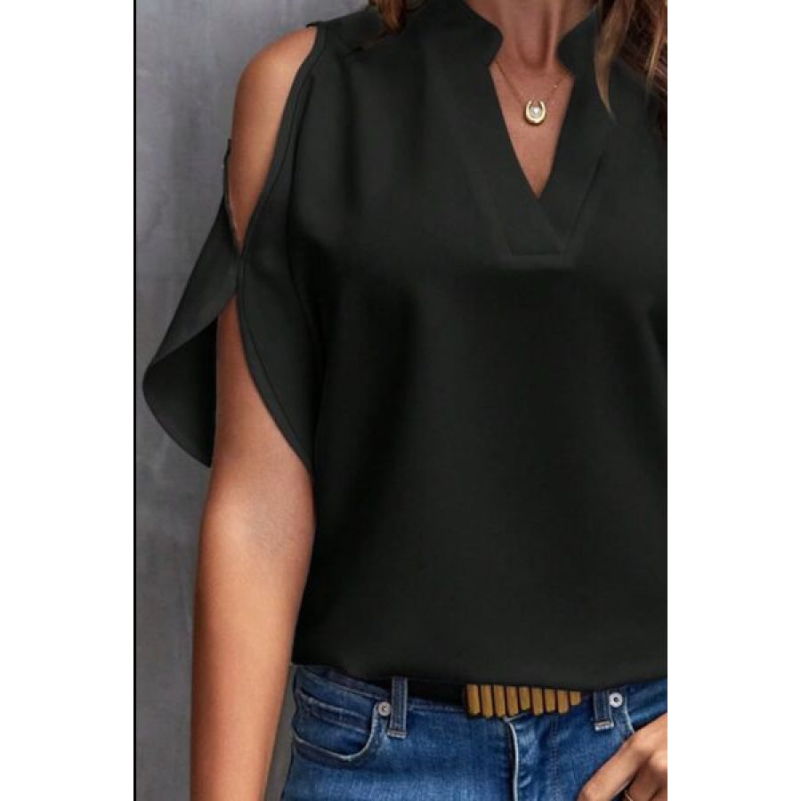 Notched Cold Shoulder Blouse Apparel and Accessories