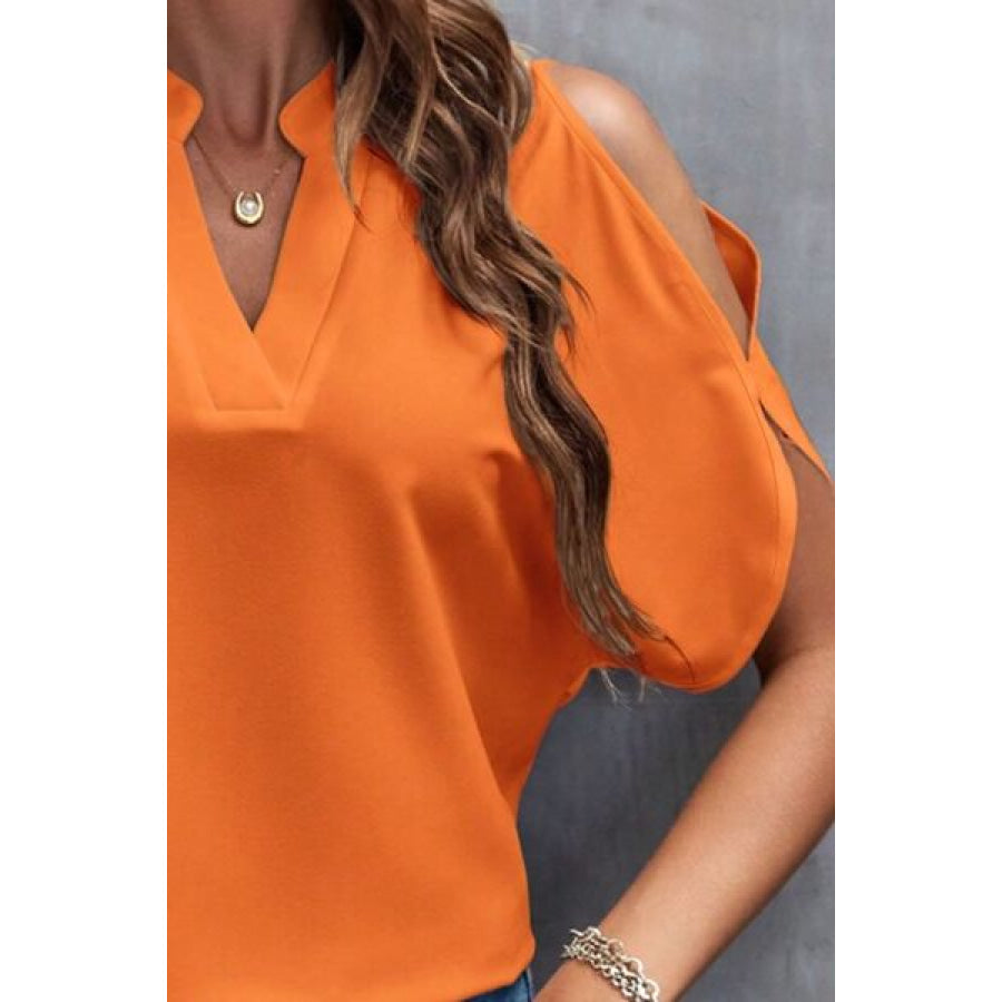 Notched Cold Shoulder Blouse Apparel and Accessories