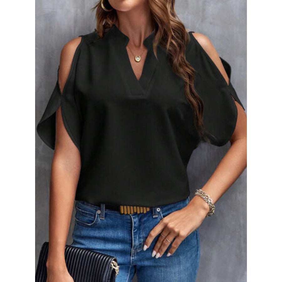 Notched Cold Shoulder Blouse Black / S Apparel and Accessories