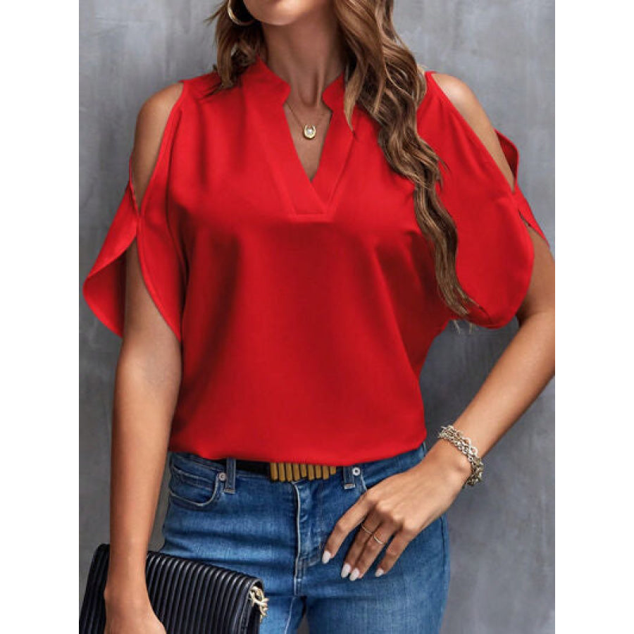 Notched Cold Shoulder Blouse Deep Red / S Apparel and Accessories