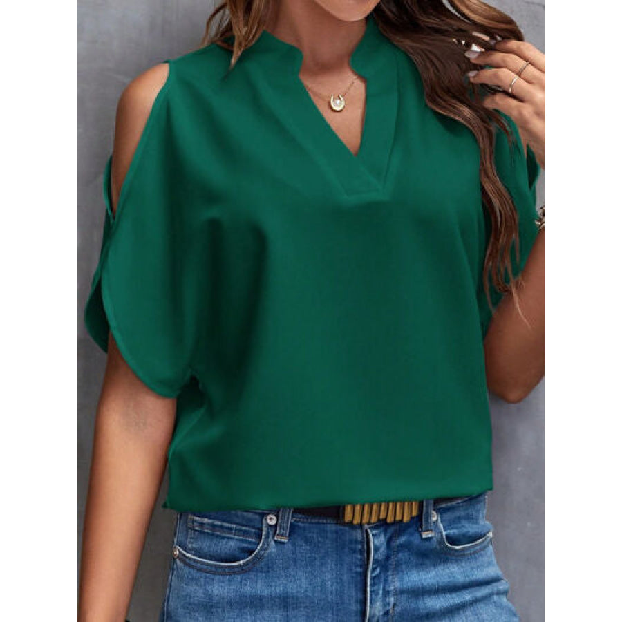 Notched Cold Shoulder Blouse Green / S Apparel and Accessories