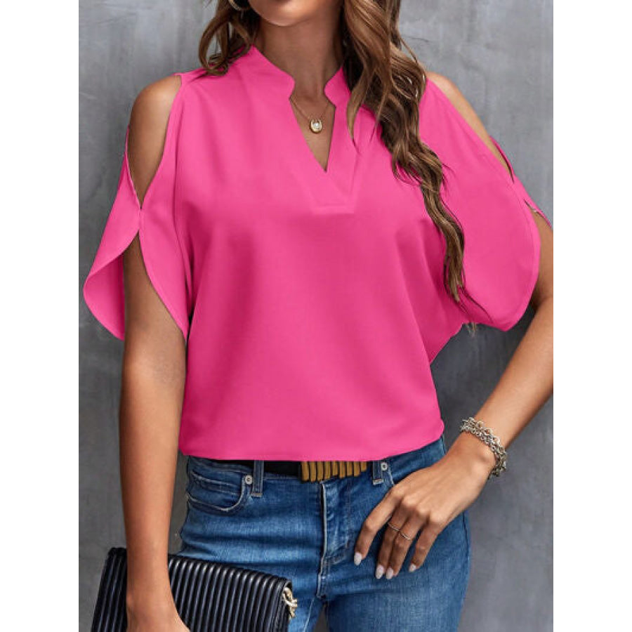 Notched Cold Shoulder Blouse Hot Pink / S Apparel and Accessories