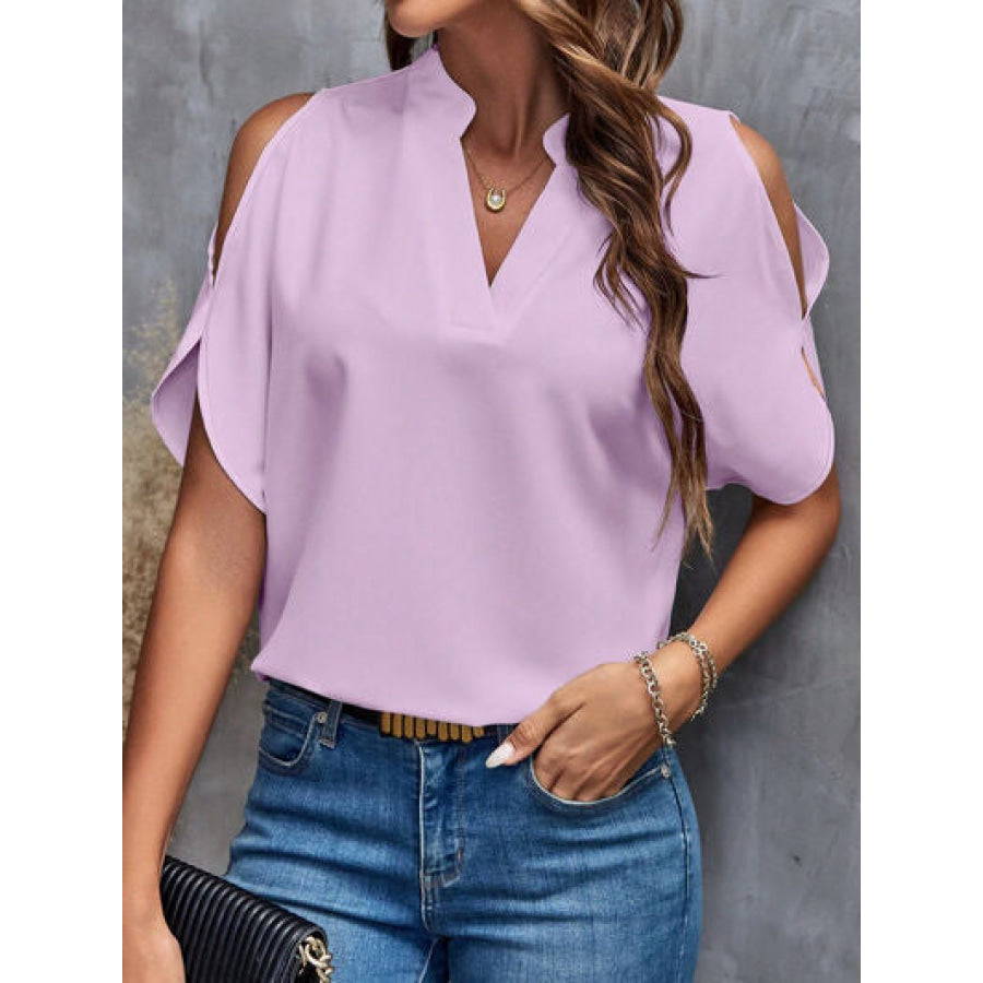 Notched Cold Shoulder Blouse Lilac / S Apparel and Accessories