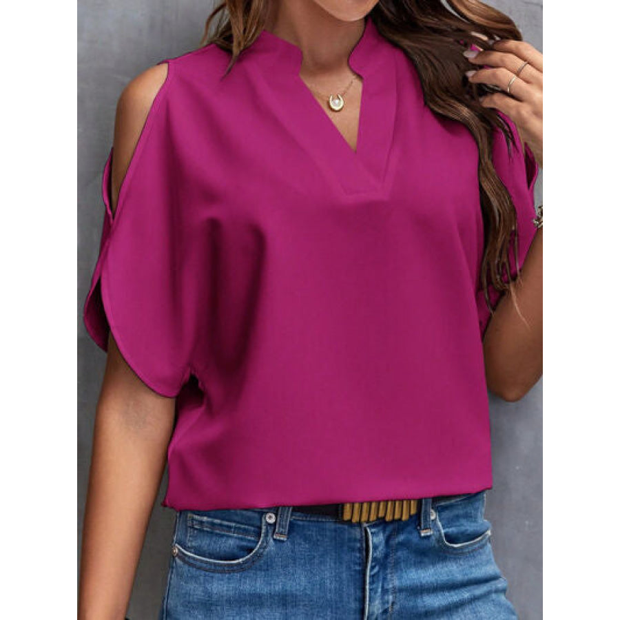 Notched Cold Shoulder Blouse Magenta / S Apparel and Accessories