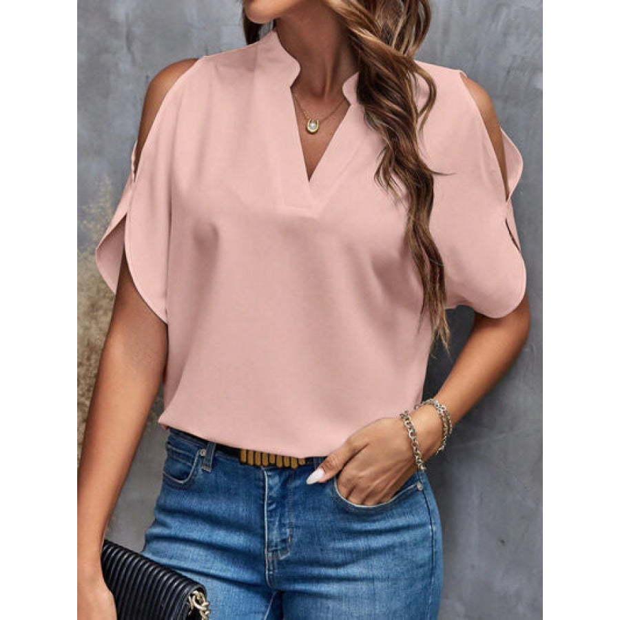 Notched Cold Shoulder Blouse Peach / S Apparel and Accessories