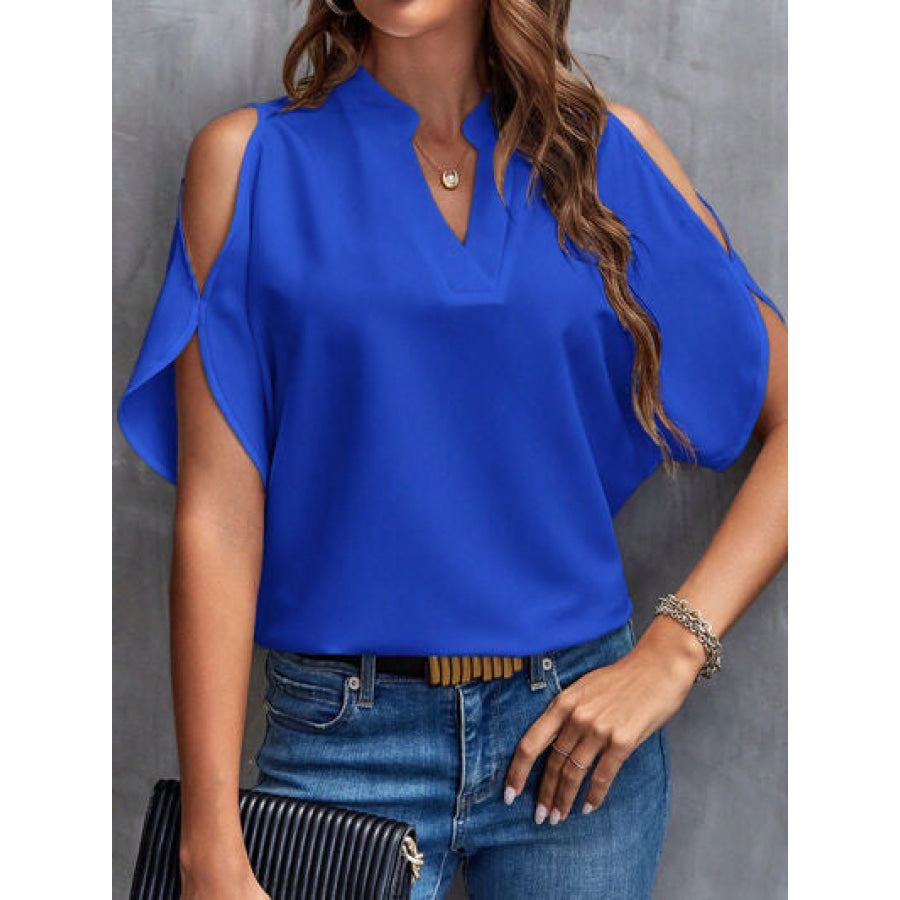 Notched Cold Shoulder Blouse Royal Blue / S Apparel and Accessories