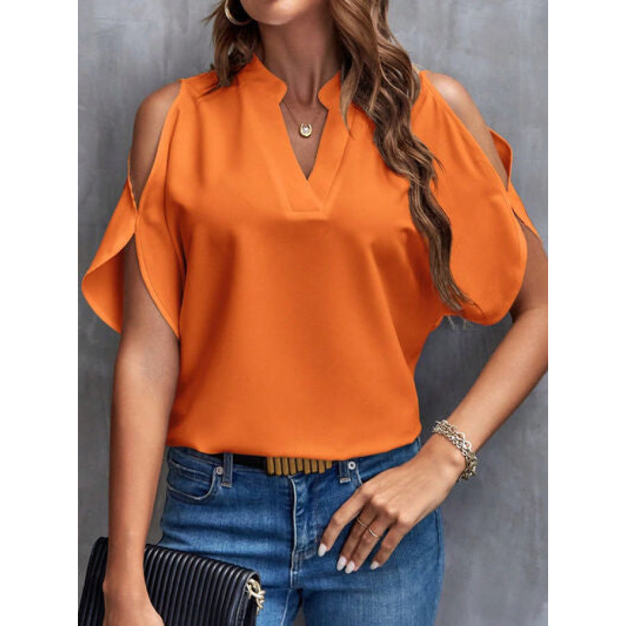 Notched Cold Shoulder Blouse Sherbet / S Apparel and Accessories