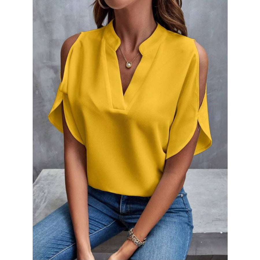 Notched Cold Shoulder Half Sleeve Blouse Apparel and Accessories