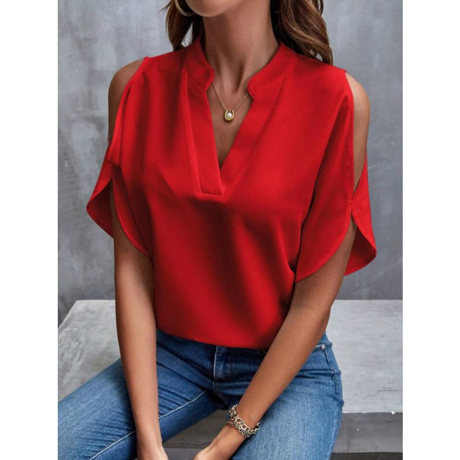 Notched Cold Shoulder Half Sleeve Blouse Apparel and Accessories