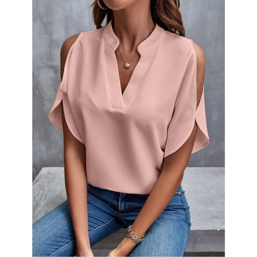 Notched Cold Shoulder Half Sleeve Blouse Apparel and Accessories