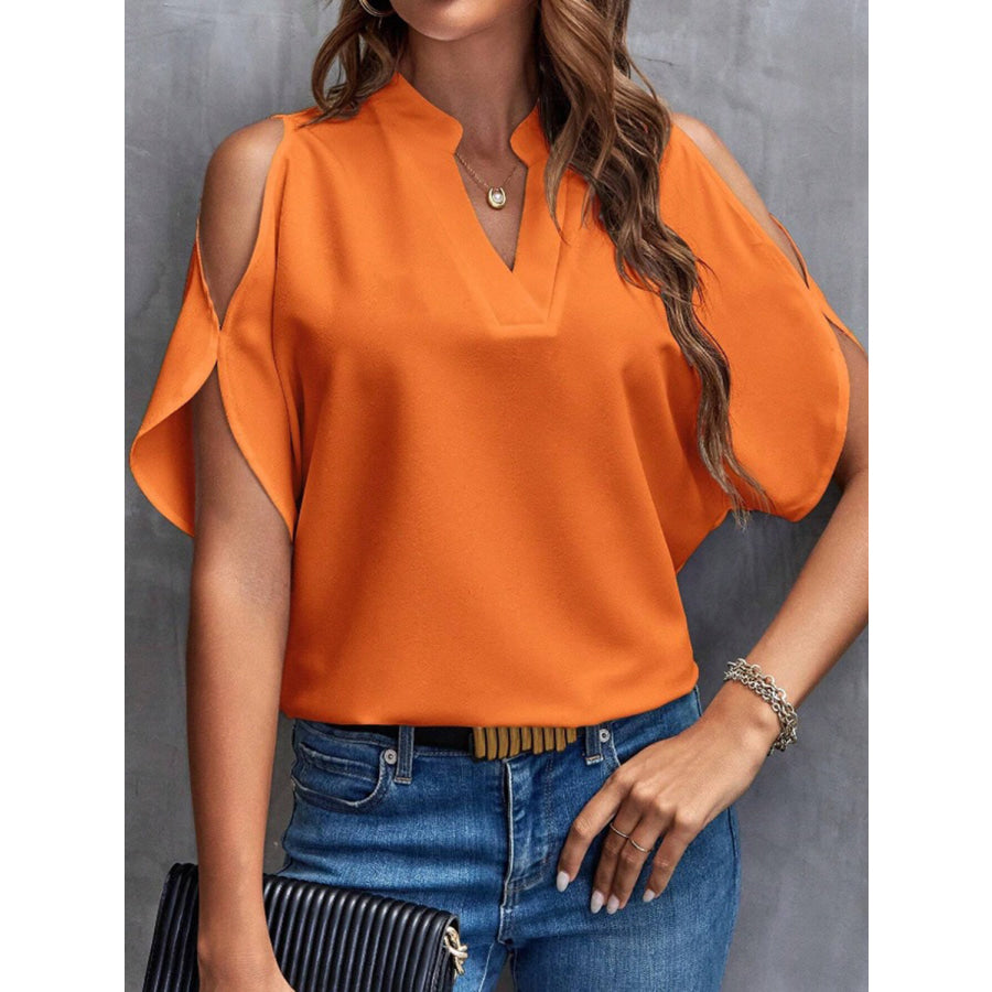 Notched Cold Shoulder Half Sleeve Blouse Apparel and Accessories