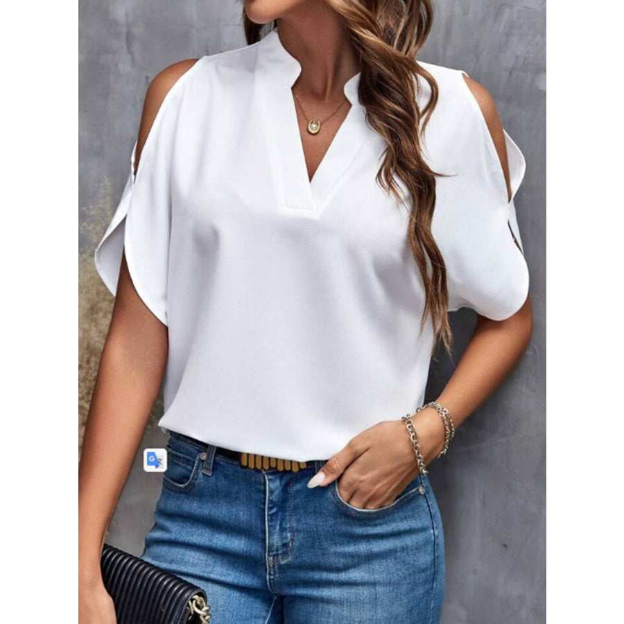 Notched Cold Shoulder Half Sleeve Blouse Apparel and Accessories