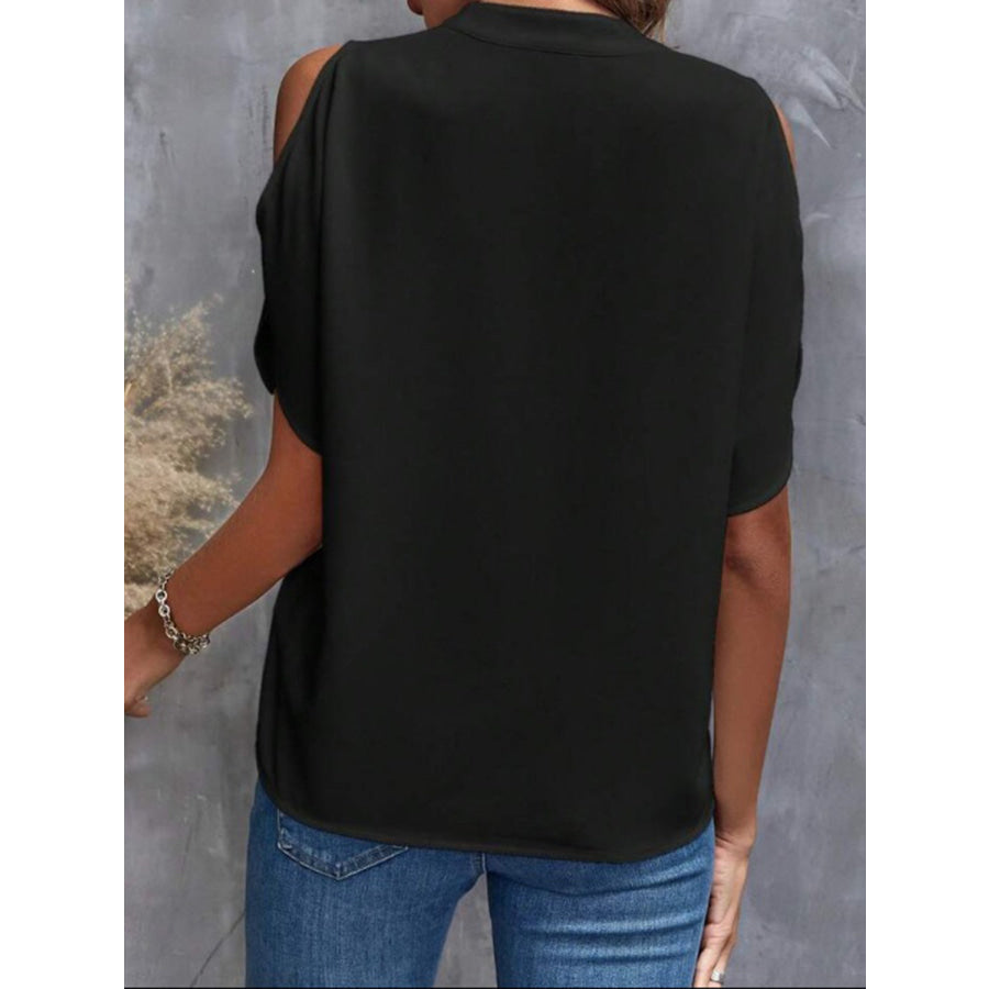 Notched Cold Shoulder Half Sleeve Blouse Apparel and Accessories