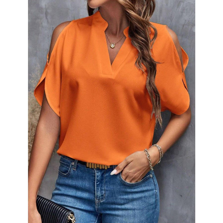 Notched Cold Shoulder Half Sleeve Blouse Apparel and Accessories