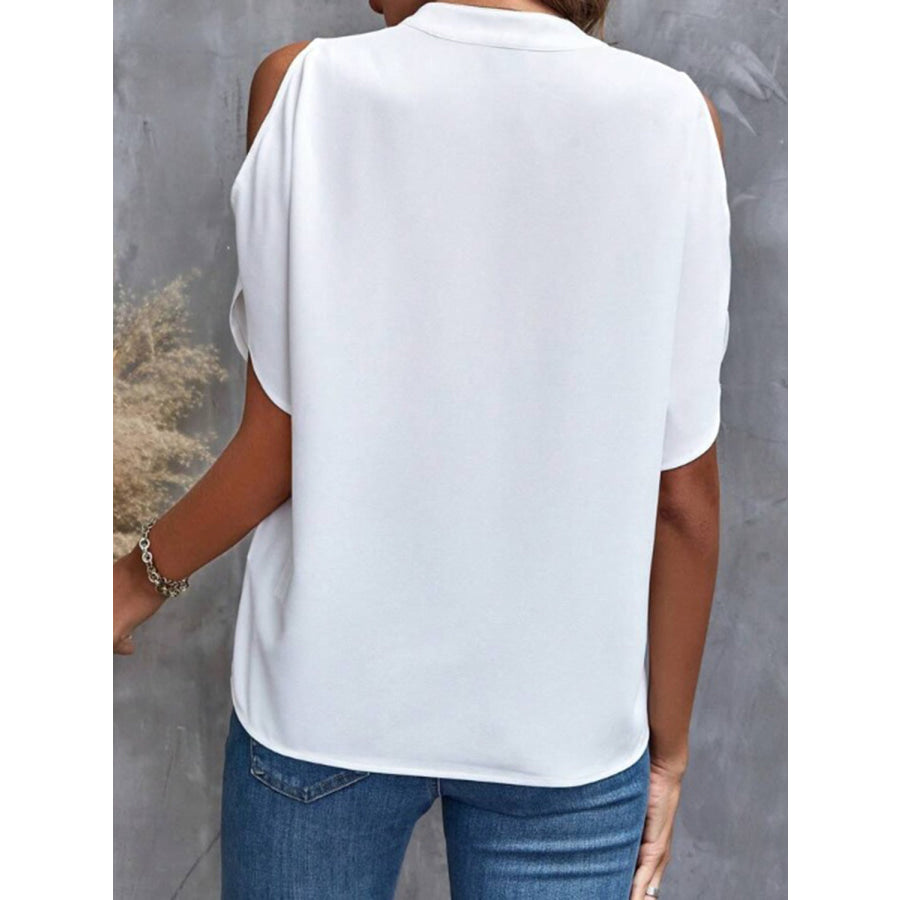 Notched Cold Shoulder Half Sleeve Blouse Apparel and Accessories