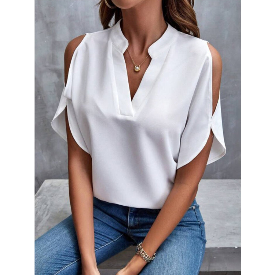 Notched Cold Shoulder Half Sleeve Blouse Apparel and Accessories