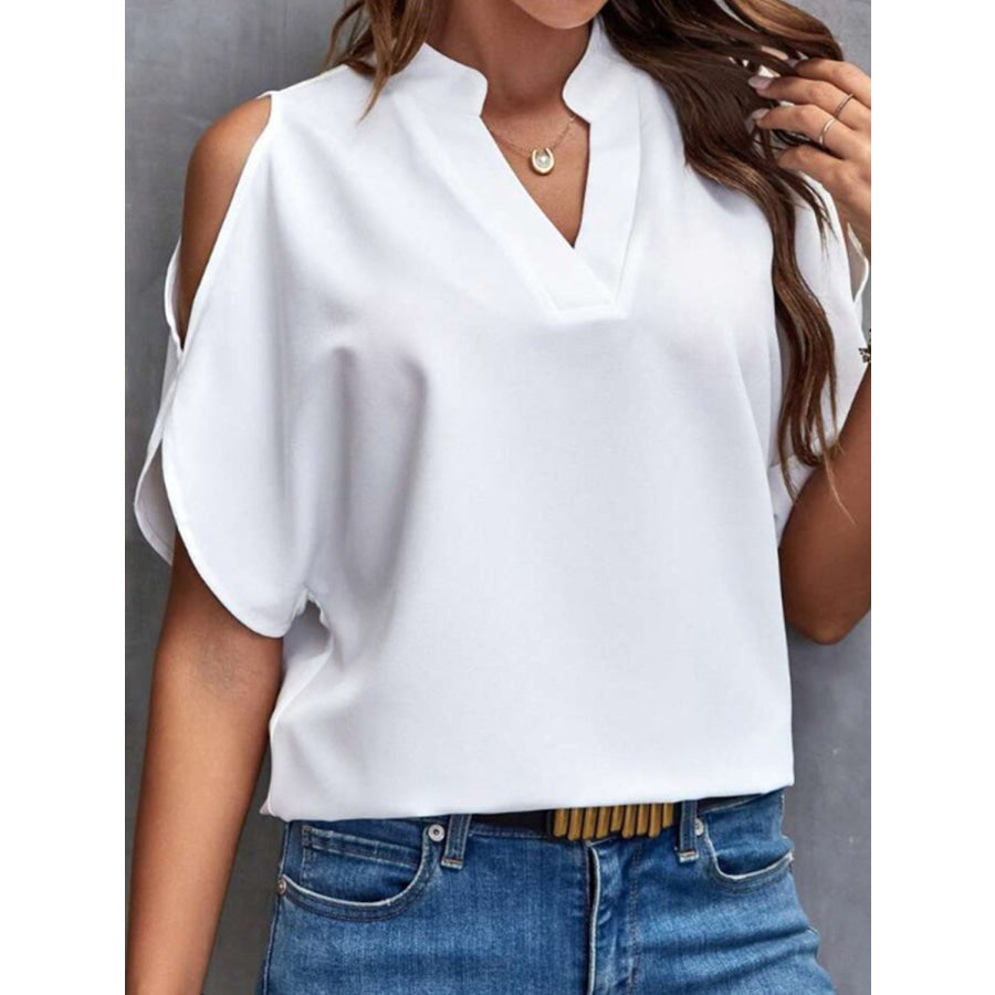 Notched Cold Shoulder Half Sleeve Blouse Apparel and Accessories