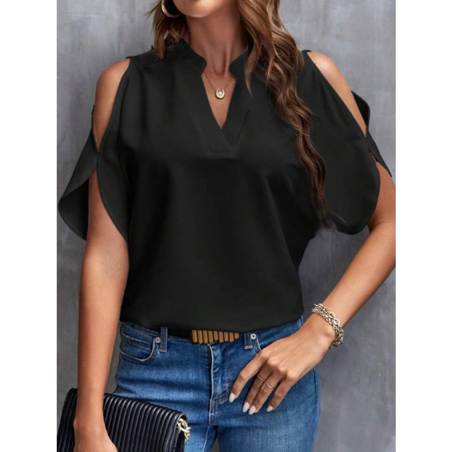 Notched Cold Shoulder Half Sleeve Blouse Apparel and Accessories