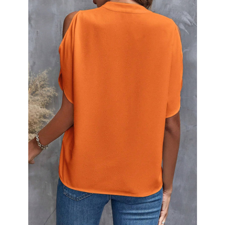 Notched Cold Shoulder Half Sleeve Blouse Apparel and Accessories