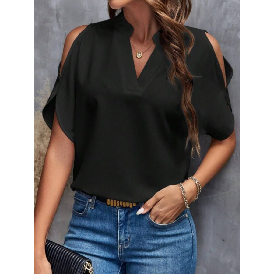 Notched Cold Shoulder Half Sleeve Blouse Black / S Apparel and Accessories