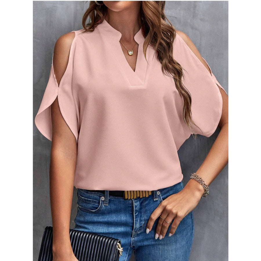 Notched Cold Shoulder Half Sleeve Blouse Blush Pink / S Apparel and Accessories