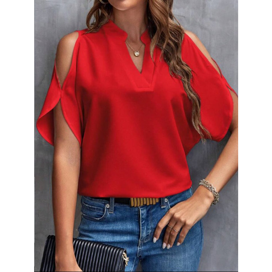 Notched Cold Shoulder Half Sleeve Blouse Deep Red / S Apparel and Accessories