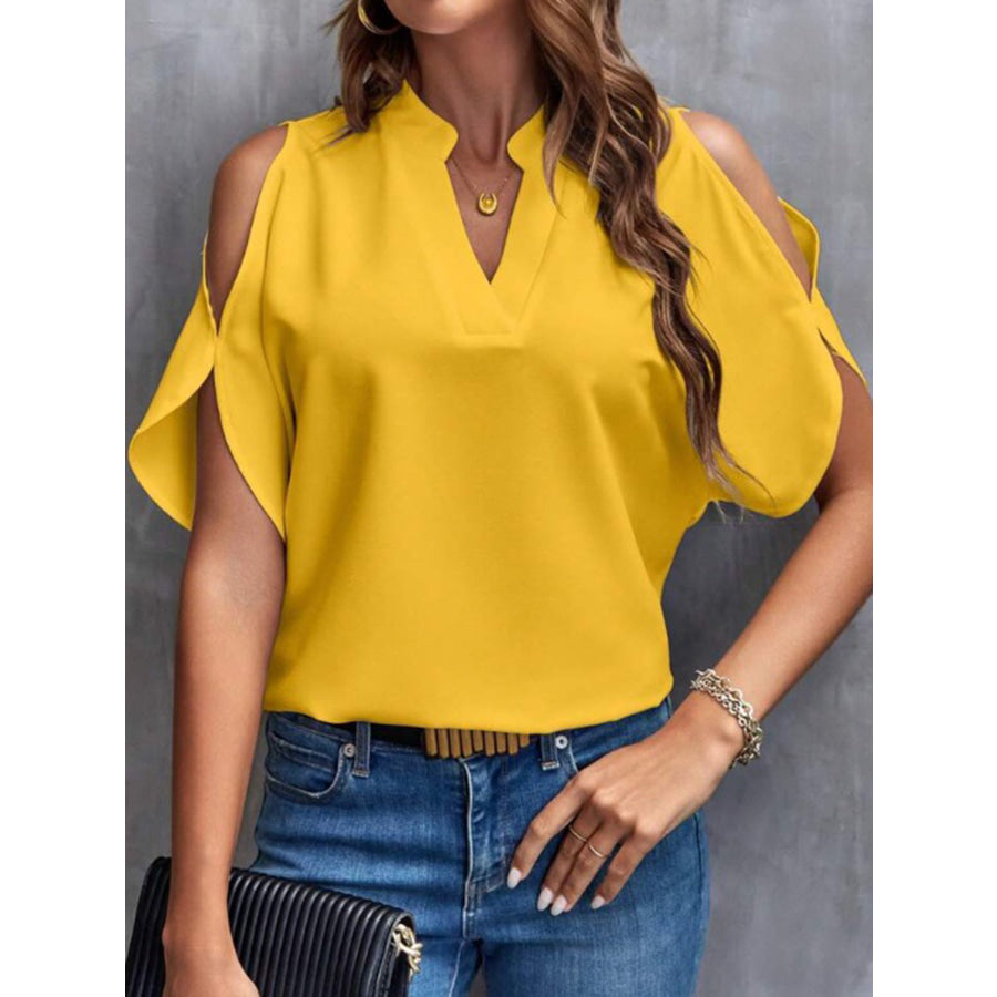 Notched Cold Shoulder Half Sleeve Blouse Mustard / S Apparel and Accessories