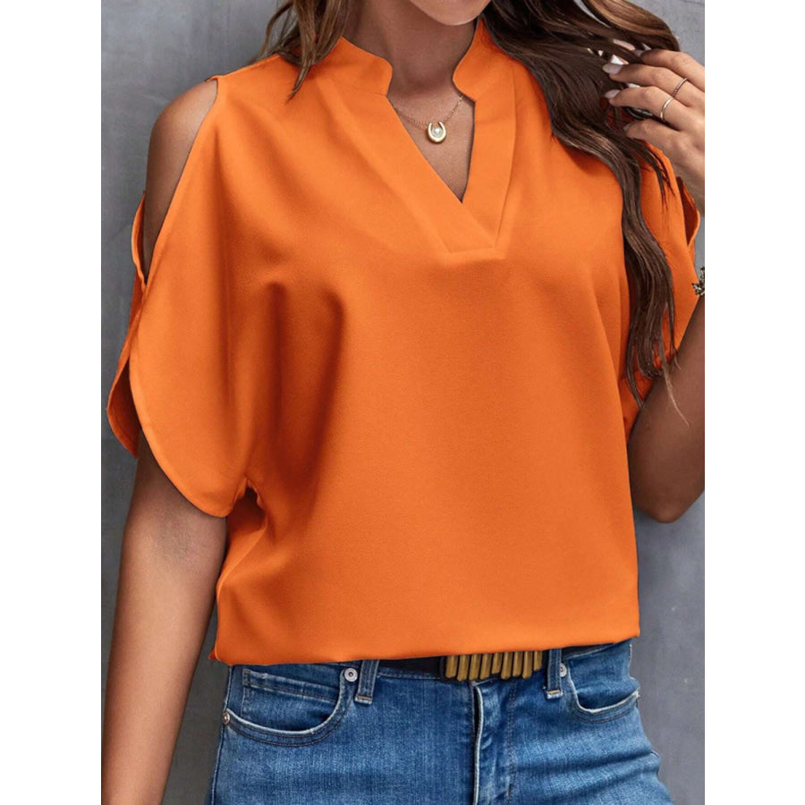 Notched Cold Shoulder Half Sleeve Blouse Orange / S Apparel and Accessories