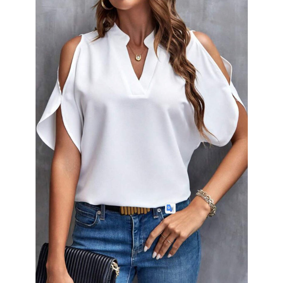 Notched Cold Shoulder Half Sleeve Blouse White / S Apparel and Accessories