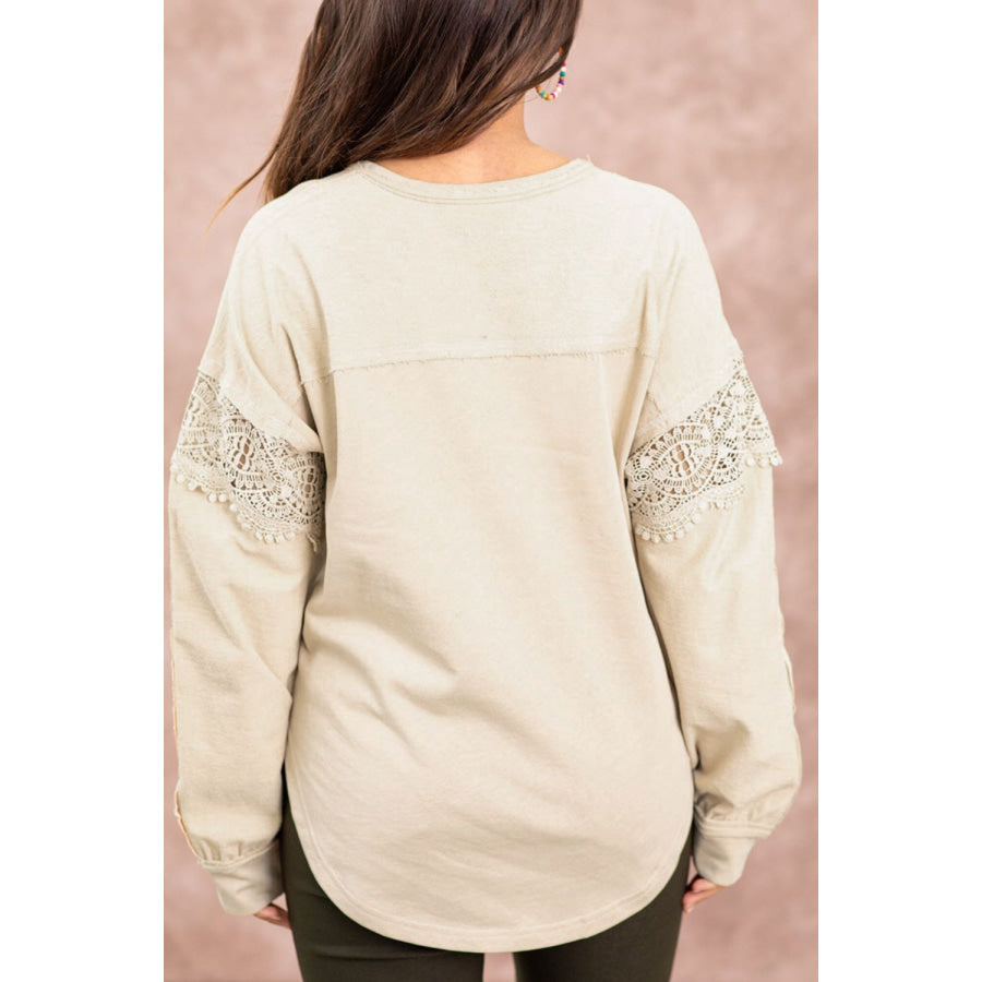 Notched Crochet Long Sleeve Sweatshirt Apparel and Accessories