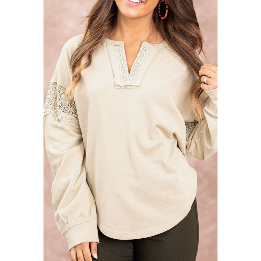 Notched Crochet Long Sleeve Sweatshirt Apparel and Accessories