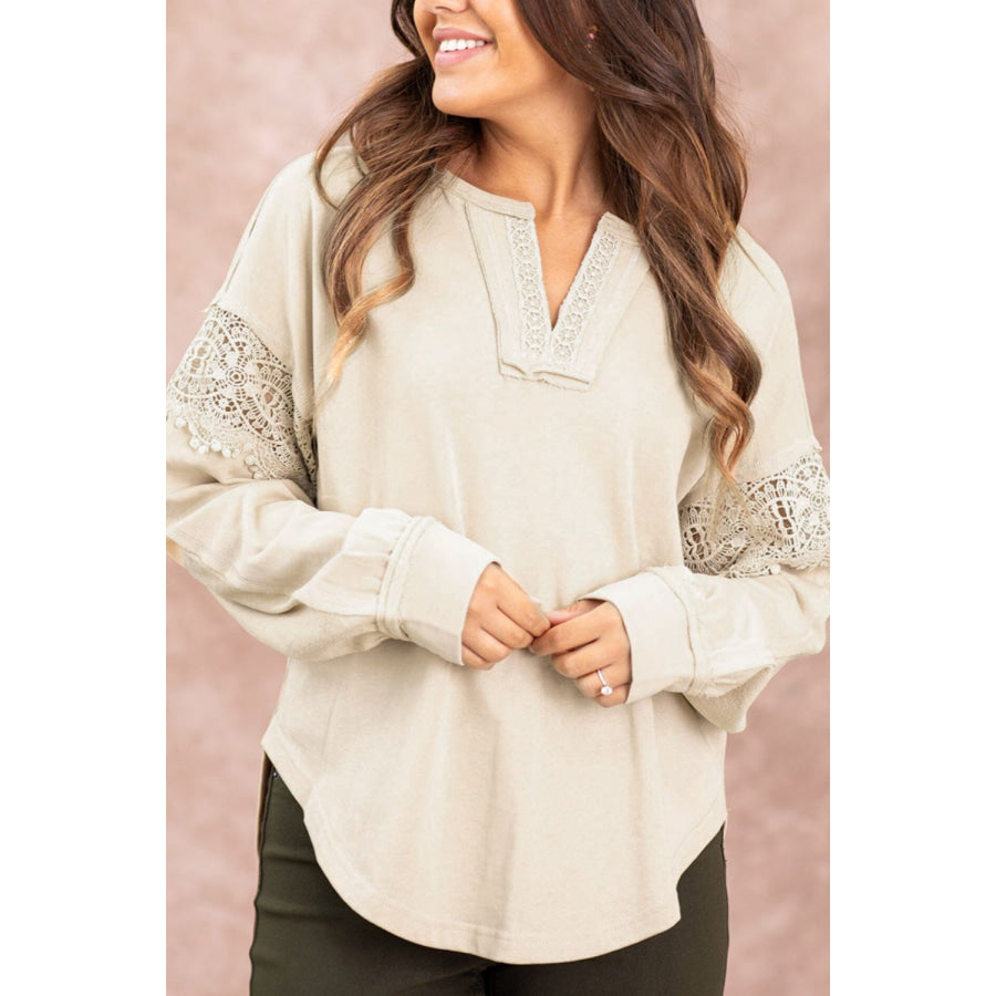 Notched Crochet Long Sleeve Sweatshirt Beige / S Apparel and Accessories