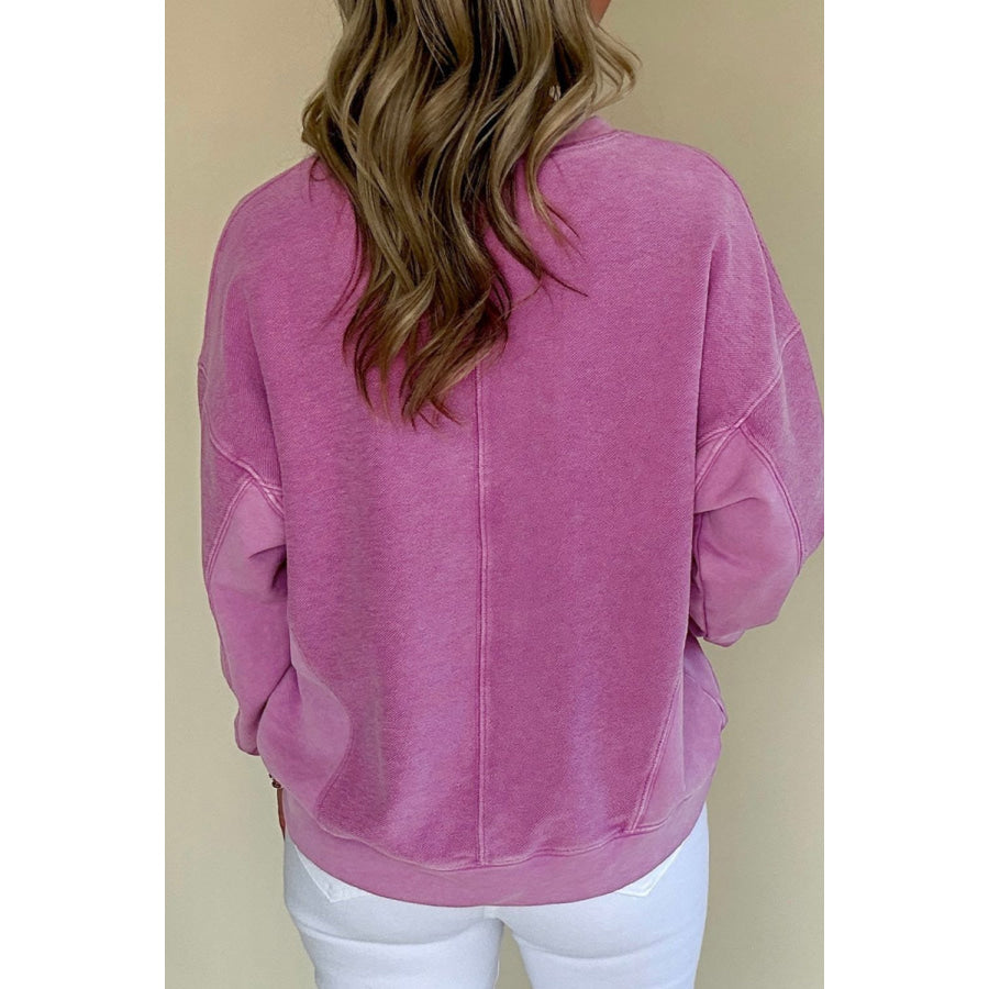 Notched Drop Shoulder Long Sleeve Sweatshirt Red-Violet / S Apparel and Accessories