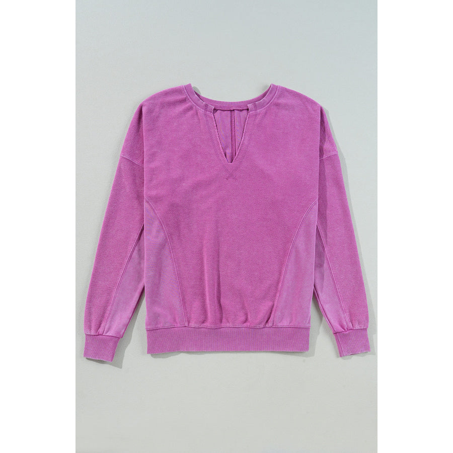 Notched Drop Shoulder Long Sleeve Sweatshirt Apparel and Accessories
