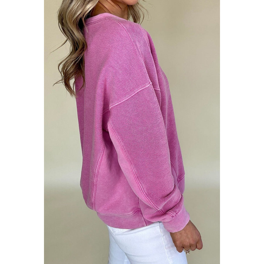 Notched Drop Shoulder Long Sleeve Sweatshirt Apparel and Accessories