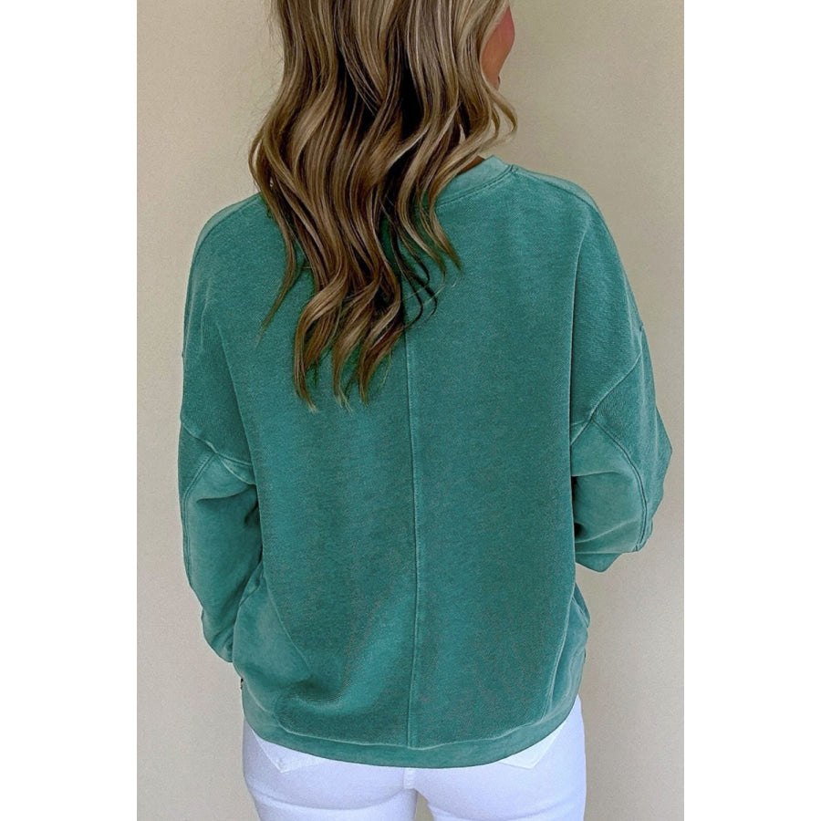 Notched Drop Shoulder Long Sleeve Sweatshirt Apparel and Accessories