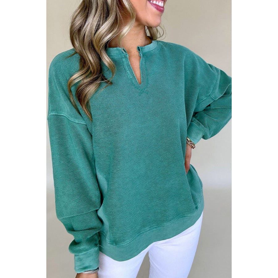 Notched Drop Shoulder Long Sleeve Sweatshirt Deep Teal / S Apparel and Accessories