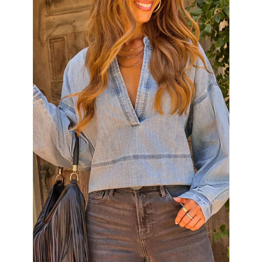 Notched Dropped Shoulder Denim Top Apparel and Accessories