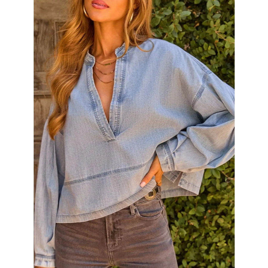 Notched Dropped Shoulder Denim Top Blue / S Apparel and Accessories