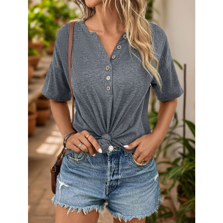 Notched Dropped Shoulder Half Sleeve T-Shirt Apparel and Accessories