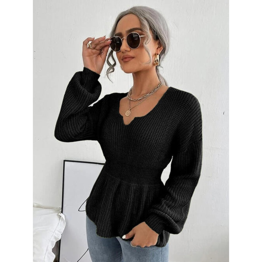 Notched Dropped Shoulder Knit Top Black / S