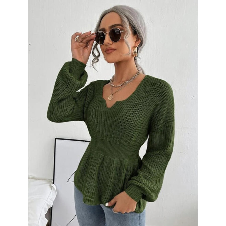 Notched Dropped Shoulder Knit Top Green / S