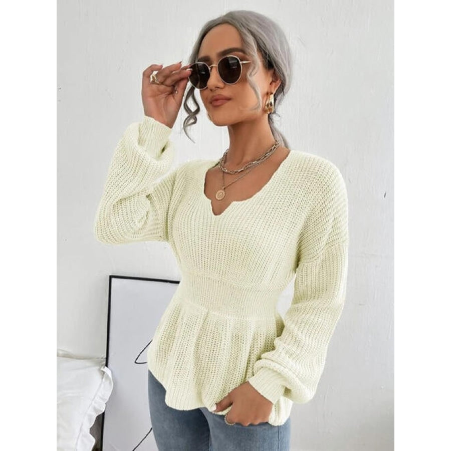 Notched Dropped Shoulder Knit Top Ivory / S