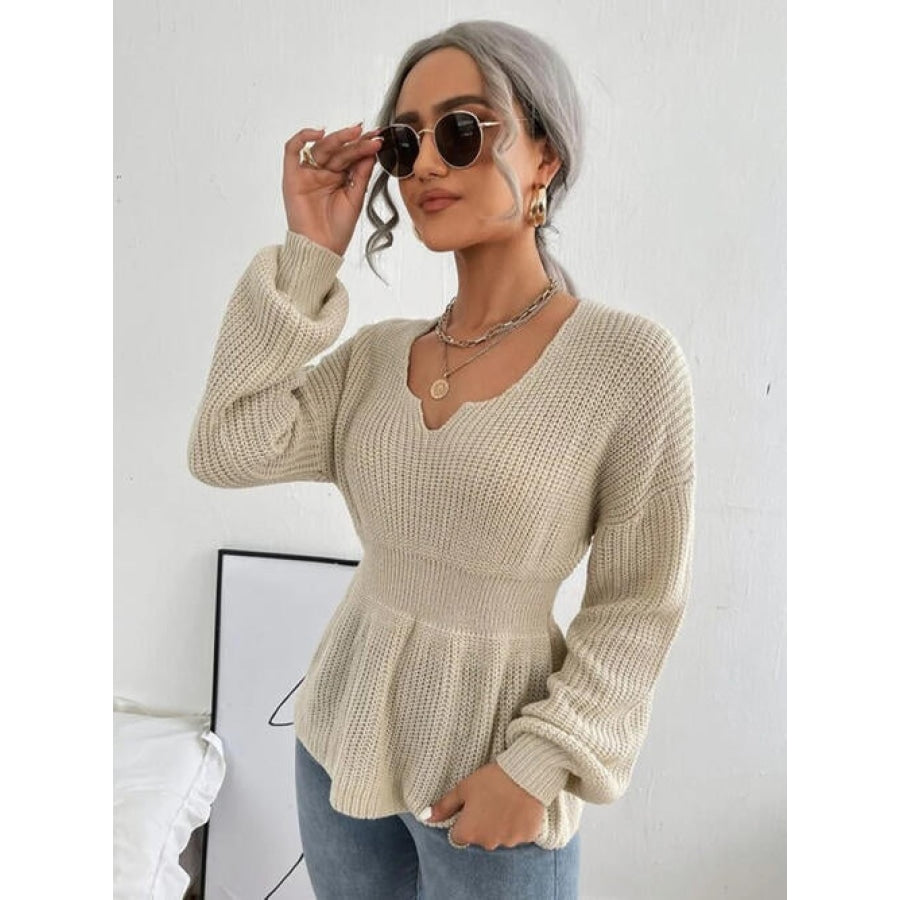 Notched Dropped Shoulder Knit Top Khaki / S