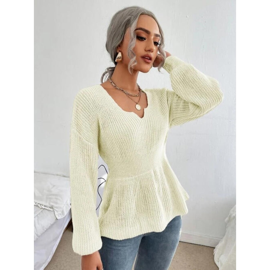 Notched Dropped Shoulder Knit Top